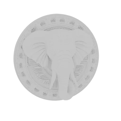 Render de modelo 3D de plaqueta de pared con cabeza de elefante blanca y detalles circulares ornamentales