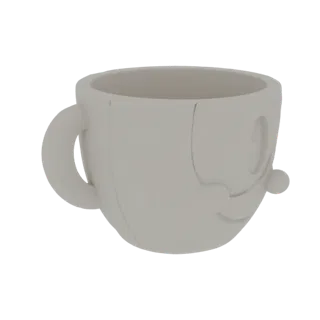 3D model render of the Cuphead mug character, a white ceramic mug with a face and handle.