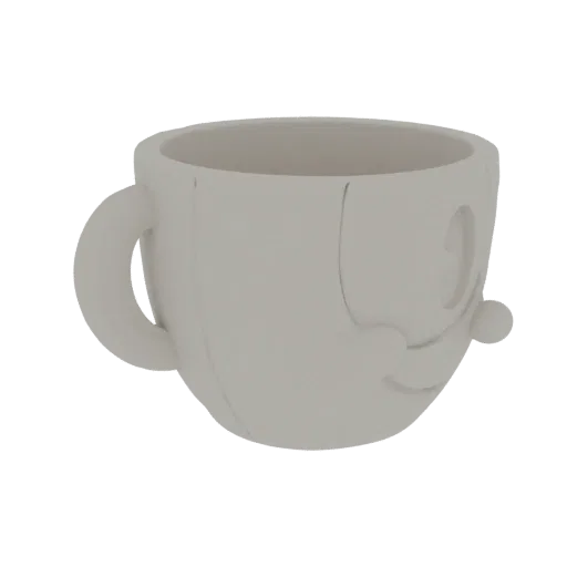 Render do modelo 3D do personagem caneca Cuphead, uma caneca de cerâmica branca com rosto e alça.