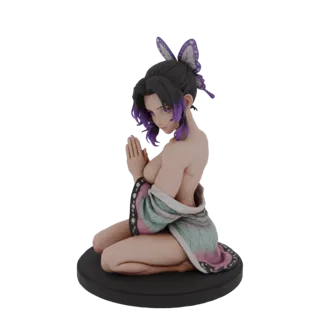 Modello 3D di Shinobu Kocho da Demon Slayer in posizione di preghiera, con indosso il suo haori a farfalla, con accenti viola