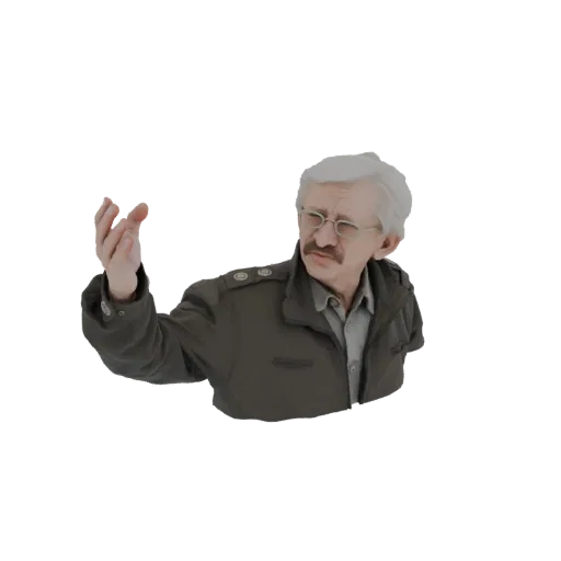 3D model of an elderly man with gray hair and glasses, wearing a military-style jacket, gesturing with his left hand.