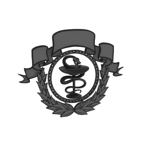 3D render of a Caduceus emblem with a snake and wings, surrounded by a laurel wreath and a banner, in a grayscale metallic fi
