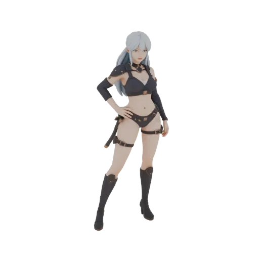 3D model of a warrior girl in dark armor, standing confidently.