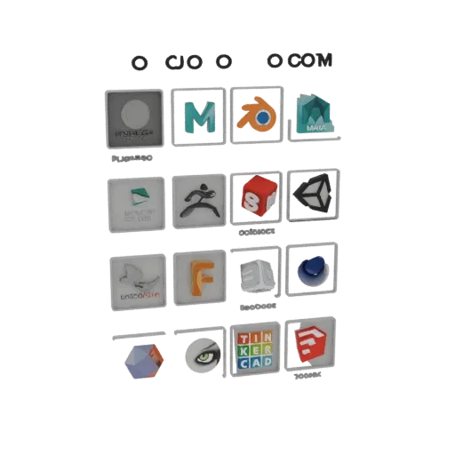 A 3D render of a grid of popular 3D software icons, including Blender, Maya, Unity, and Unreal Engine.