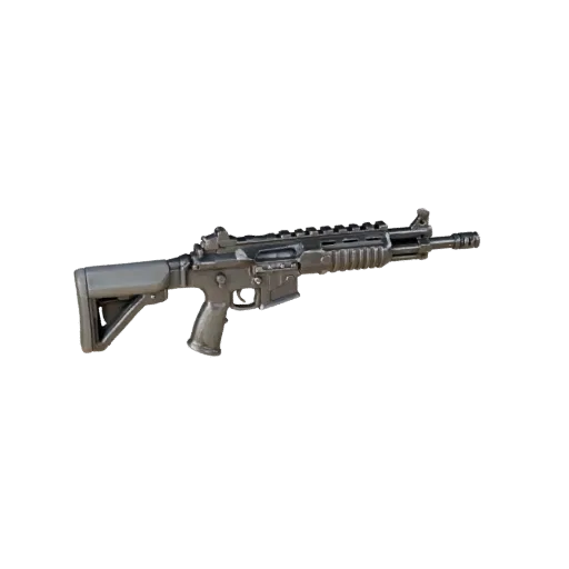 Modelo 3D Atrezo Tático de Arma Curta, vista frontal em três quartos, viewport do Unreal Engine, mostrando metal pintado, det