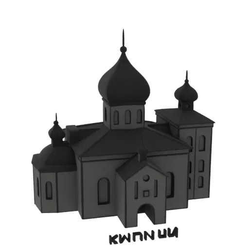3D model of a gray Orthodox church with multiple onion domes and a prominent entrance.