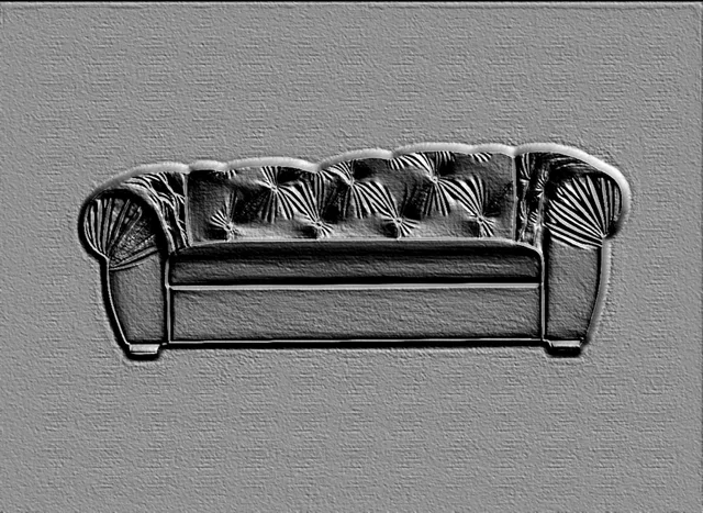 3D-Modell eines Sofa-Basreliefs im Gravurstil, mit detaillierter Textur und klassischen Formen.