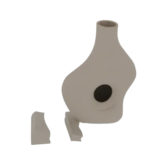 3D render of a broken, abstract ceramic vase with a dark circular opening and two detached pieces on a white background.