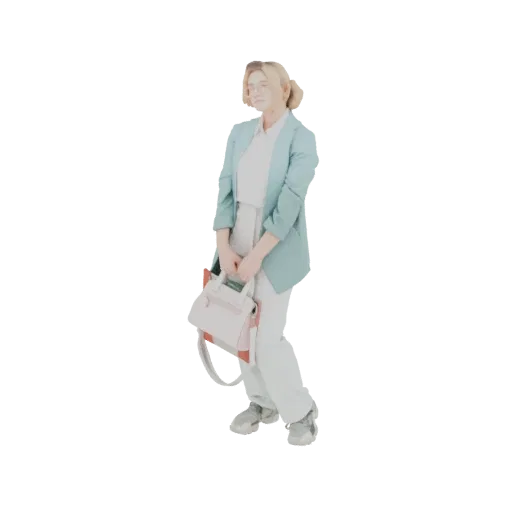 3D-Modell einer stehenden Frau im petrolfarbenen Blazer, weißem Hemd, heller Hose und mit einer pink-weißen Handtasche.