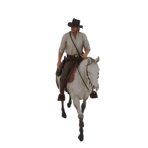 3D model of a cowboy wearing a hat and western attire, riding a white and brown horse.