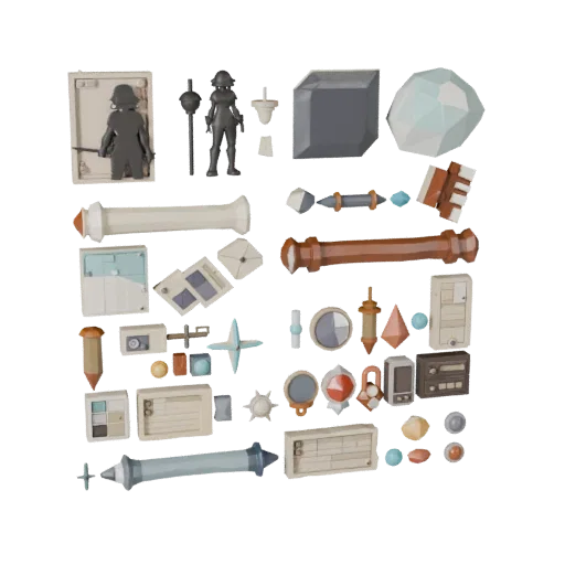 Workshop Scroll Bundle Low Poly 3D model, game viewport three-quarter view, showing paper-like cards, form detail.