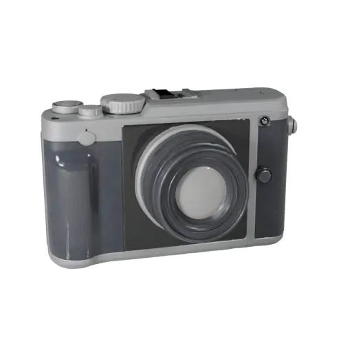 Mirrorless Drone Camera 3D model, three-quarter front view, Unity viewport, showing textured grips, lens barrels.