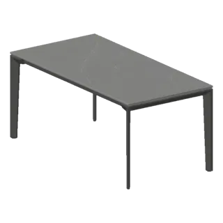3D model of a modern rectangular dining table with four sleek, angled legs, set against a neutral, abstract background.