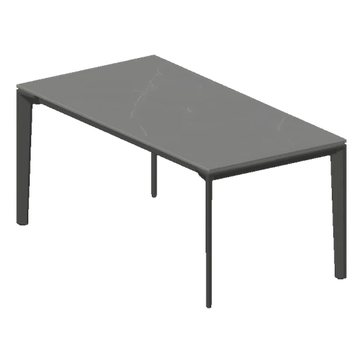3D model of a modern rectangular dining table with four sleek, angled legs, set against a neutral, abstract background.