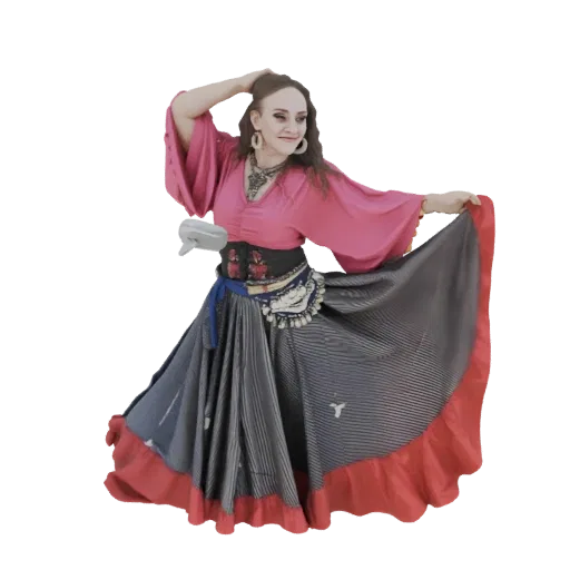 3D model of a gypsy dancer in a pink top and a striped skirt, with one hand in her hair and the other holding her skirt.