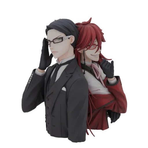 3D model bust of Sebastian Michaelis in a black suit and Grell Sutcliff in a red suit, posed back-to-back.