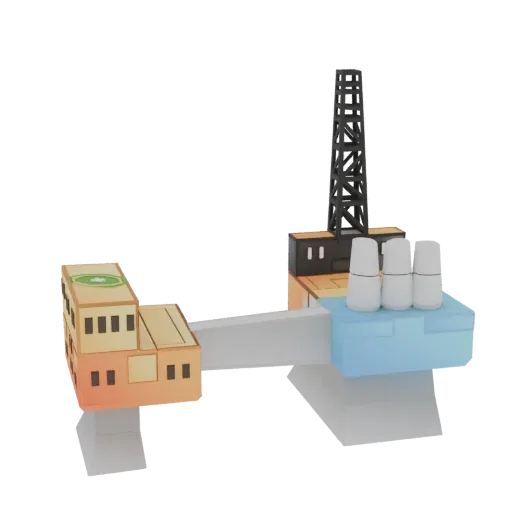 3D model of an offshore oil rig with a helipad, living quarters, and a tall drilling tower, set against a black background.