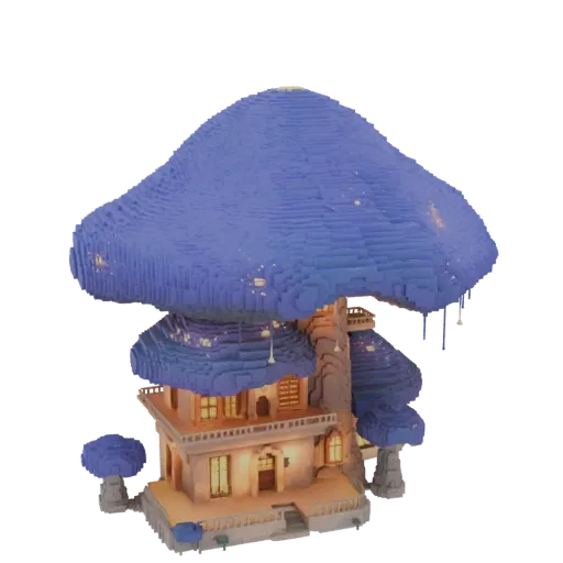A voxel art 3D model of a whimsical mushroom house with a large blue cap, glowing windows, and decorative lights.
