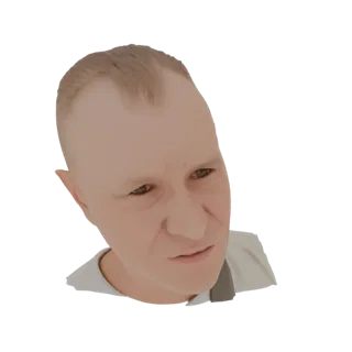 Render de modelo 3D de cabeza de hombre con pelo corto castaño, mirando ligeramente a un lado, vistiendo una camiseta de colo