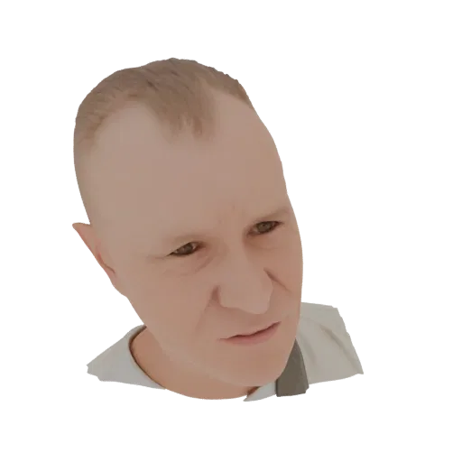 3D model render of a man's head with short brown hair, looking slightly to the side, wearing a light-colored t-shirt.