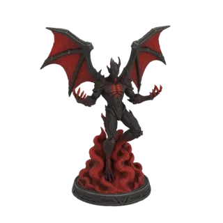 3D model of a demonic warrior with black armor, red wings, and a base of red flames, standing in a powerful pose.