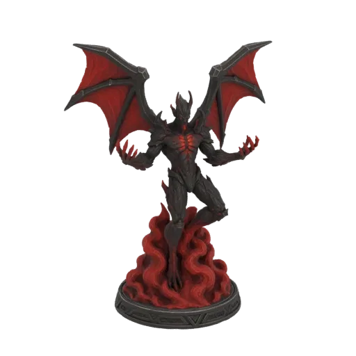 3D model of a demonic warrior with black armor, red wings, and a base of red flames, standing in a powerful pose.