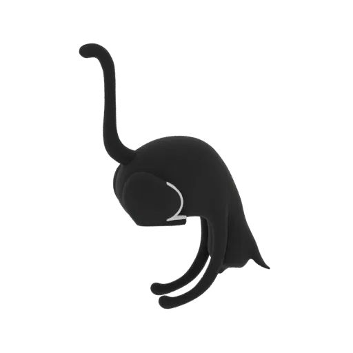 3D model of a black cat in a playful, curled pose, with its tail arched and a subtle white marking on its back.