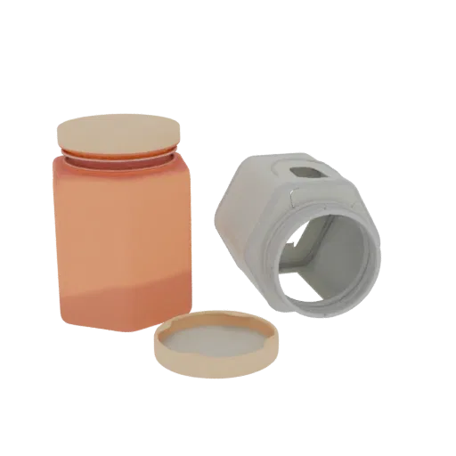 3D render of a hexagonal jar with a peachy-orange translucent body and a beige lid, next to a separate open beige hexagonal c