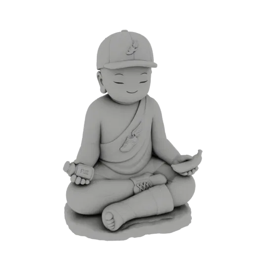 3D model of a meditating monk wearing a baseball cap and sneakers, holding a banana, with one leg bandaged.