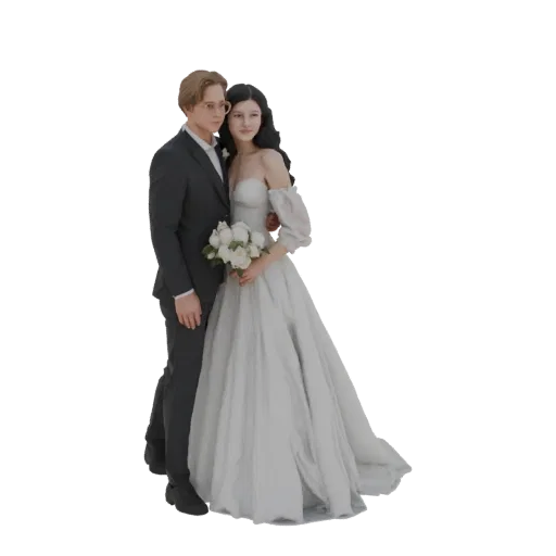 3D model of a wedding couple, groom in a dark suit and bride in a white gown holding a bouquet.