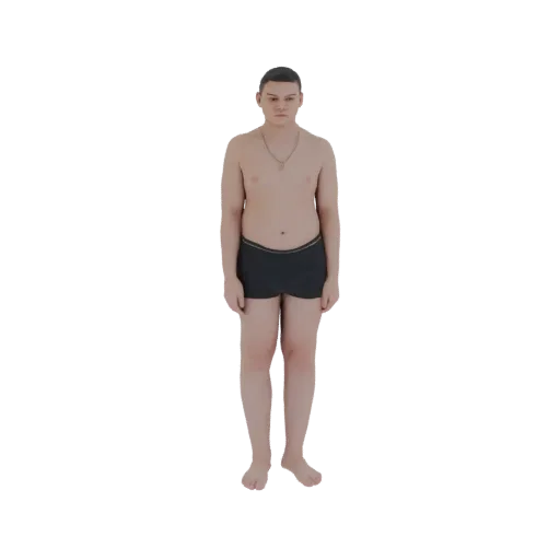 Modèle 3D complet d'un jeune homme aux cheveux courts, portant un boxer noir, debout les bras le long du corps.