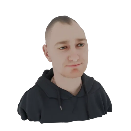 3D model render of a man with short hair wearing a dark hoodie, looking slightly to the side with a subtle smile.