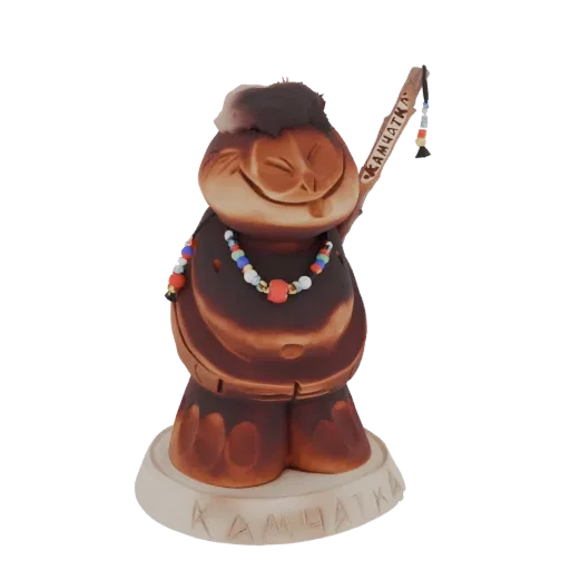 3D model of a Kamchatka bear figurine with a beaded necklace and a staff inscribed with 'KAMCHATKA'.