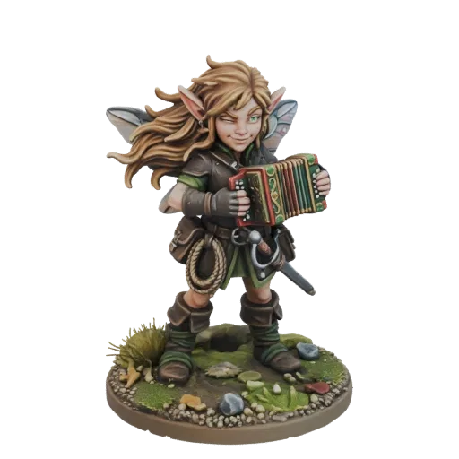 3D model of a whimsical fairy with blonde hair and wings, playing an accordion, standing on a detailed base with grass and pe
