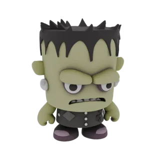 Un rendering 3D di un mostro di Frankenstein carino, in stile chibi, con pelle verde, capelli neri seghettati e espressione s