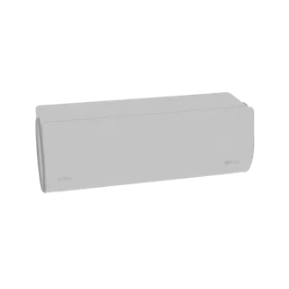 A 3D model of a modern white split air conditioner unit mounted on a wall, featuring a digital display.