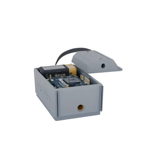 3D model of a gray rectangular case for nRF52840 controller, with lid open, showing board and battery