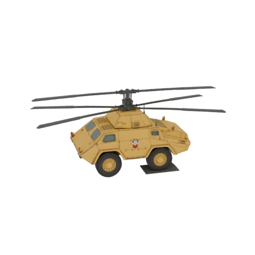 3D model of a tan, wheeled armored vehicle with helicopter rotors, presented on a white background.
