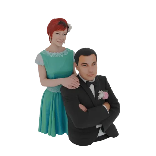 3D model of a wedding couple, bride in a teal dress and groom in a tuxedo, posed together.