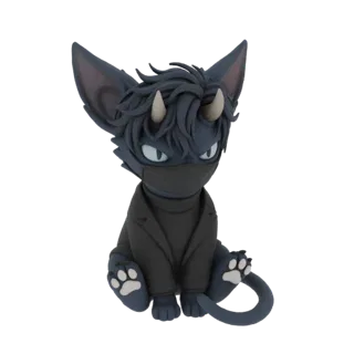 Un rendering 3D di un gatto demone chibi grigio scuro con corna chiare, che indossa una maschera e una giacca nere, seduto co