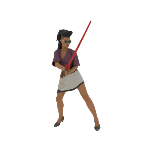 3D model of a female samurai warrior in a dynamic pose, holding a red katana, wearing a purple top and a light skirt.