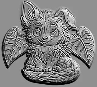 3D model of a "Furry Creature with Leaves" bas-relief, showing a cute creature with large eyes and leaves on the sides.