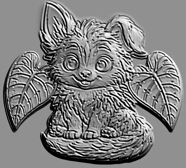 3D model of a "Furry Creature with Leaves" bas-relief, showing a cute creature with large eyes and leaves on the sides.