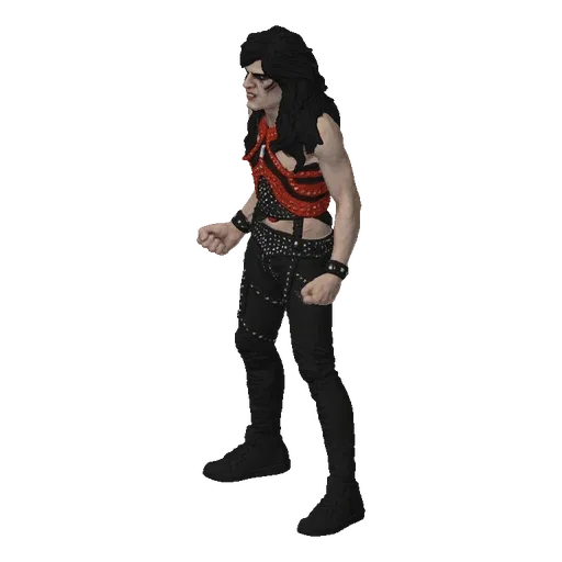 3D model of a heavy metal rocker figure with long black hair, wearing a studded red and black outfit, and striking an aggress