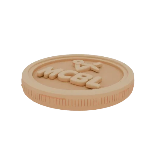 3D model of MCBL coin with embossed logo, shown from the side on a white background