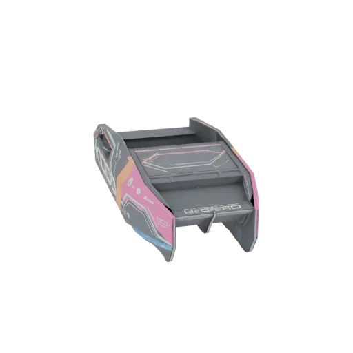 3D model of a futuristic car spoiler with angular design and pink, orange, and blue accents.