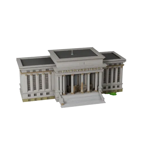 Modelo 3D STL de Salão Municipal imprimível, vista isométrica, mostrando materiais de edifício público e detalhes arquitetôni