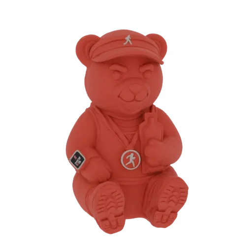 3D model of a red bear coach sitting, wearing a cap and medal, holding a bottle.