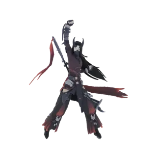 3D model of a dark warrior with horns, mask, and scythe, posed dynamically against a white background.