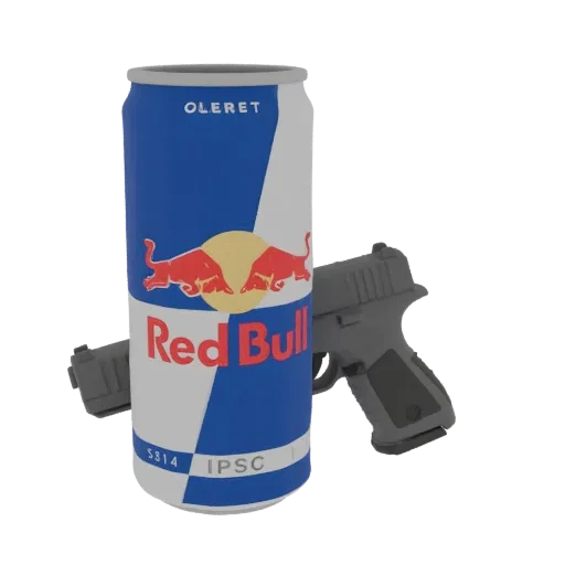 3D model of Red Bull can and Glock 17 pistol on black background